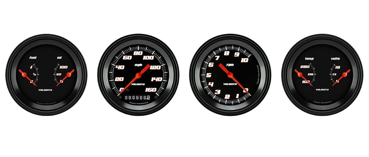 Classic Instruments Velocity Series Gauge Sets VS05BBLF Set, Analog, Performance Black Series, 4-Gauge Set, 3 3/8 in. Diameter, Black Face, Each