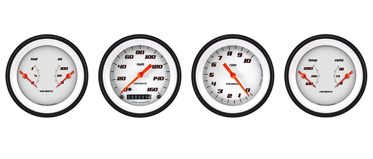 Classic Instruments Velocity Series Gauge Sets VS05WBLF Kits, Velocity, Analog, Speedometer, Tach, Fuel Level, Oil Pressure, Volts, Water Temp., White Face, Black with Orange Outline Numbers, Kit