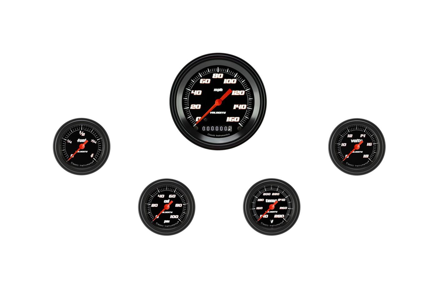 Classic Instruments Velocity Black Series Gauge Sets VS100BBLF Set, 3 3/8 in. Speedometer, 2 1/8 in. Fuel, Oil, Temp, Volts, Set of 5