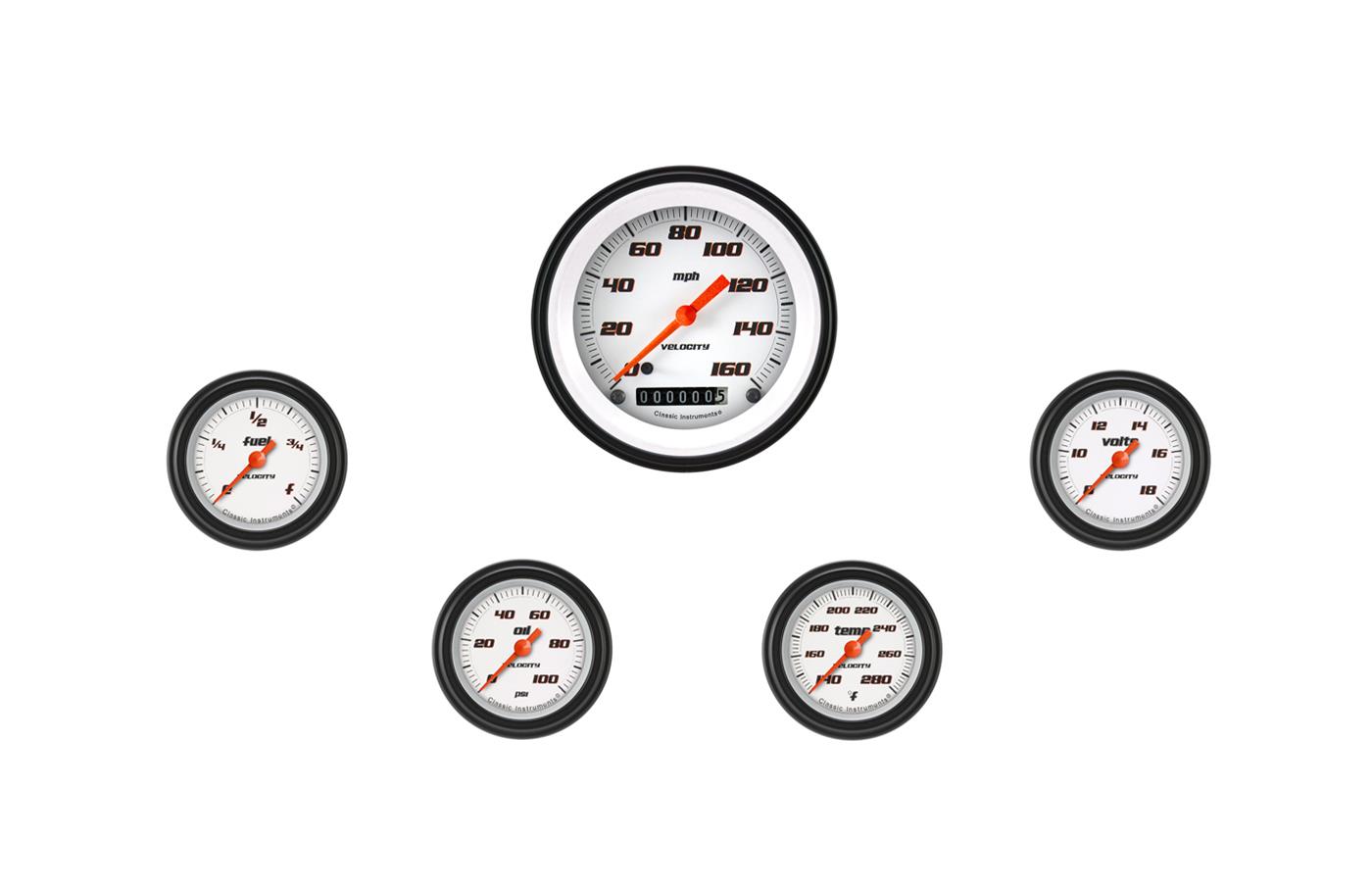 Classic Instruments Velocity White Series Gauge Sets VS100WBLF Set, 3 3/8 in. Speedometer, 2 1/8 in. Fuel, Oil, Temp, Volts, Set of 5