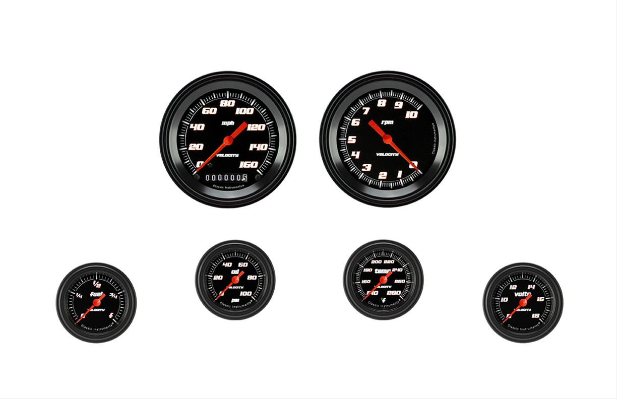 Classic Instruments Velocity Series Gauge Sets VS101BBLF Gauges, Series, Speedometer, Tachometer, Water Temperature, Oil Pressure, Fuel Level, Volt, Black Face, Analog, Set of 6