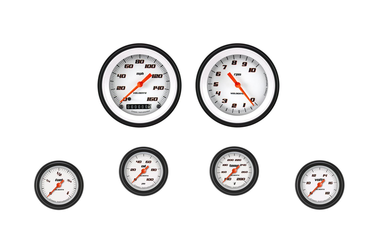 Classic Instruments Velocity Series Gauge Sets VS101WBLF Set, Analog, Performance White Series, 6-Gauge Set, 3 3/8 in. Speedo, 2 1/8 in. Secondary, White Face, Each