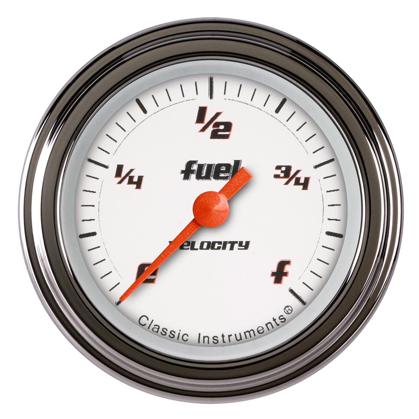 Classic Instruments Velocity Series Gauges VS109WSLF Gauges, Series, Fuel Level, Empty-Full, Programmable, Analog, Electrical, 2 1/8 in., White Face, Black Numbers, Each