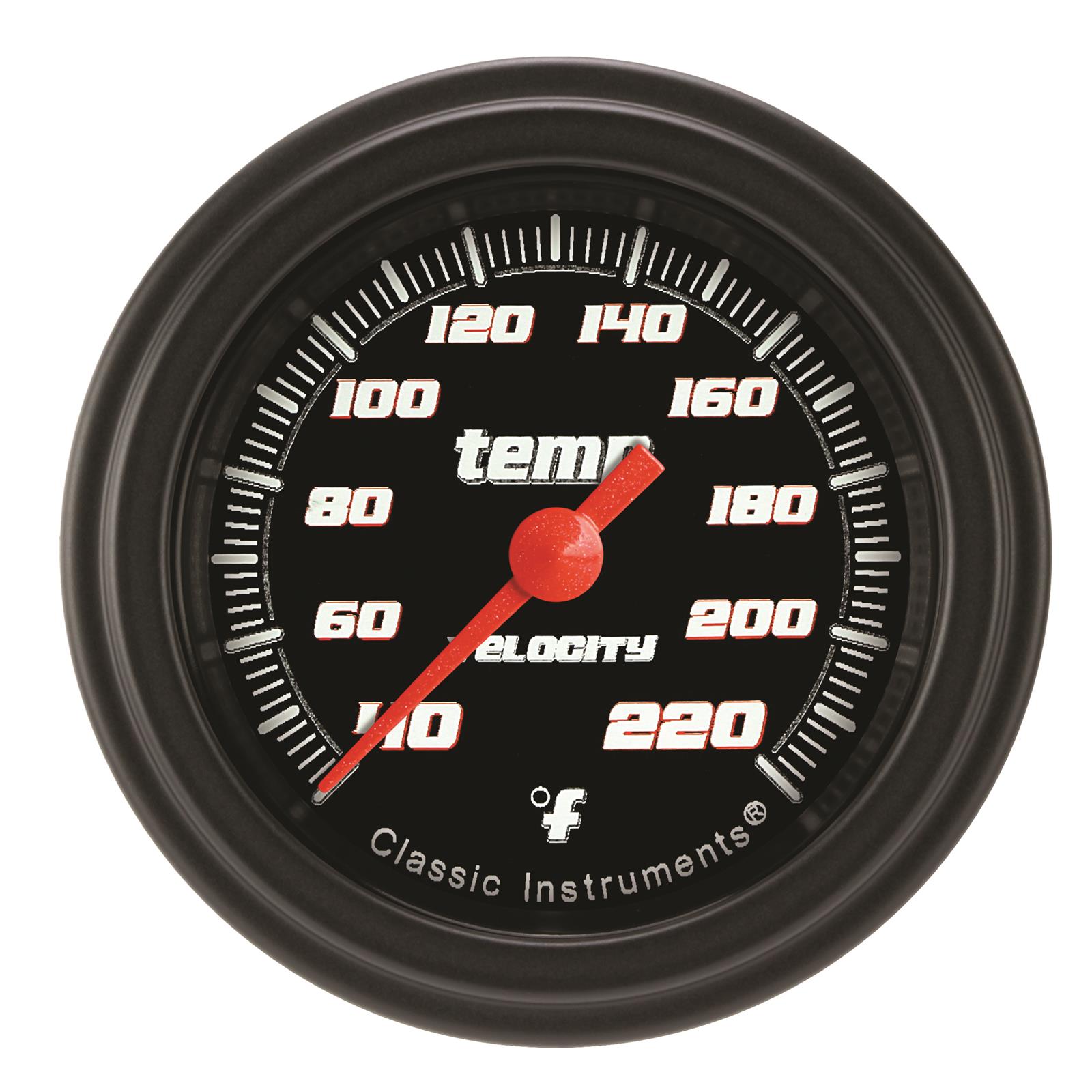 Classic Instruments Velocity Series Gauges VS129BBLF Gauge, Stock Eliminator, Water Temp, 2 1/8 in., Black Face, Analog, Electrical, Each