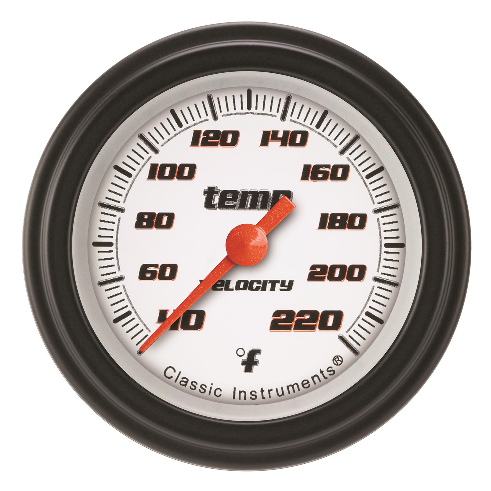Classic Instruments Velocity Series Gauges VS129WBLF Gauge, Stock Eliminator, Water Temp, 2 1/8 in., White Face, Analog, Electrical, Each