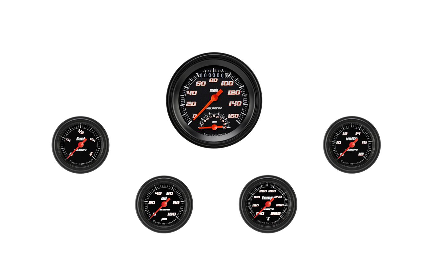 Classic Instruments Velocity Black Series Gauge Sets VS135BBLF Set, 3 3/8 in. Tachometer, Speedometer, 2 1/8 in. Fuel, Oil, Temp, Volts, Set of 5