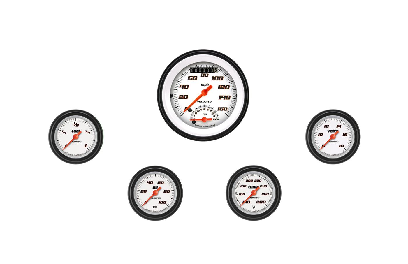 Classic Instruments Velocity White Series Gauge Sets VS135WBLF Set, 3 3/8 in. Tachometer, Speedometer, 2 1/8 in. Fuel, Oil, Temp, Volts, Set of 5