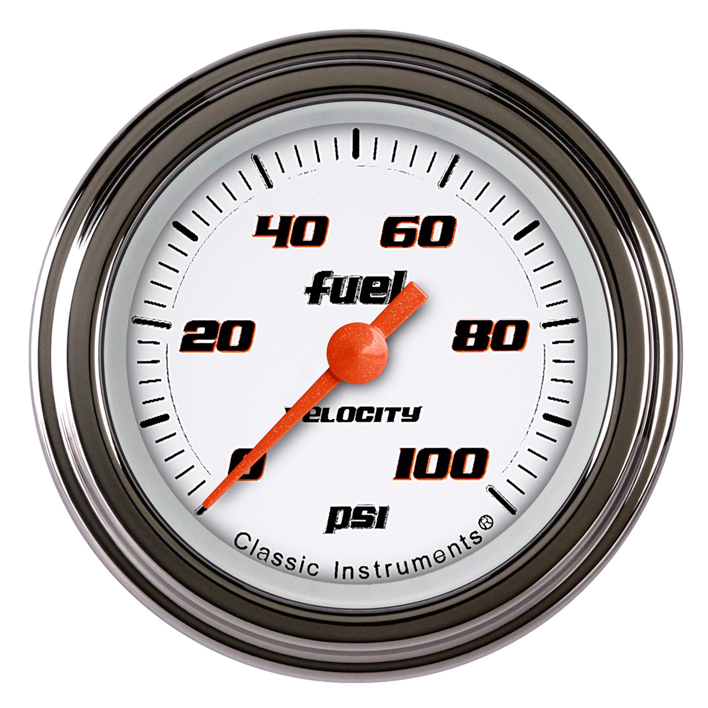 Classic Instruments Velocity Series Gauges VS146WSLC Gauges, Series, Fuel Pressure, 0-100 psi, Analog, Electrical, 2 1/8 in., White Face, Black Numbers, Stainless Steel Color Bezel, Each