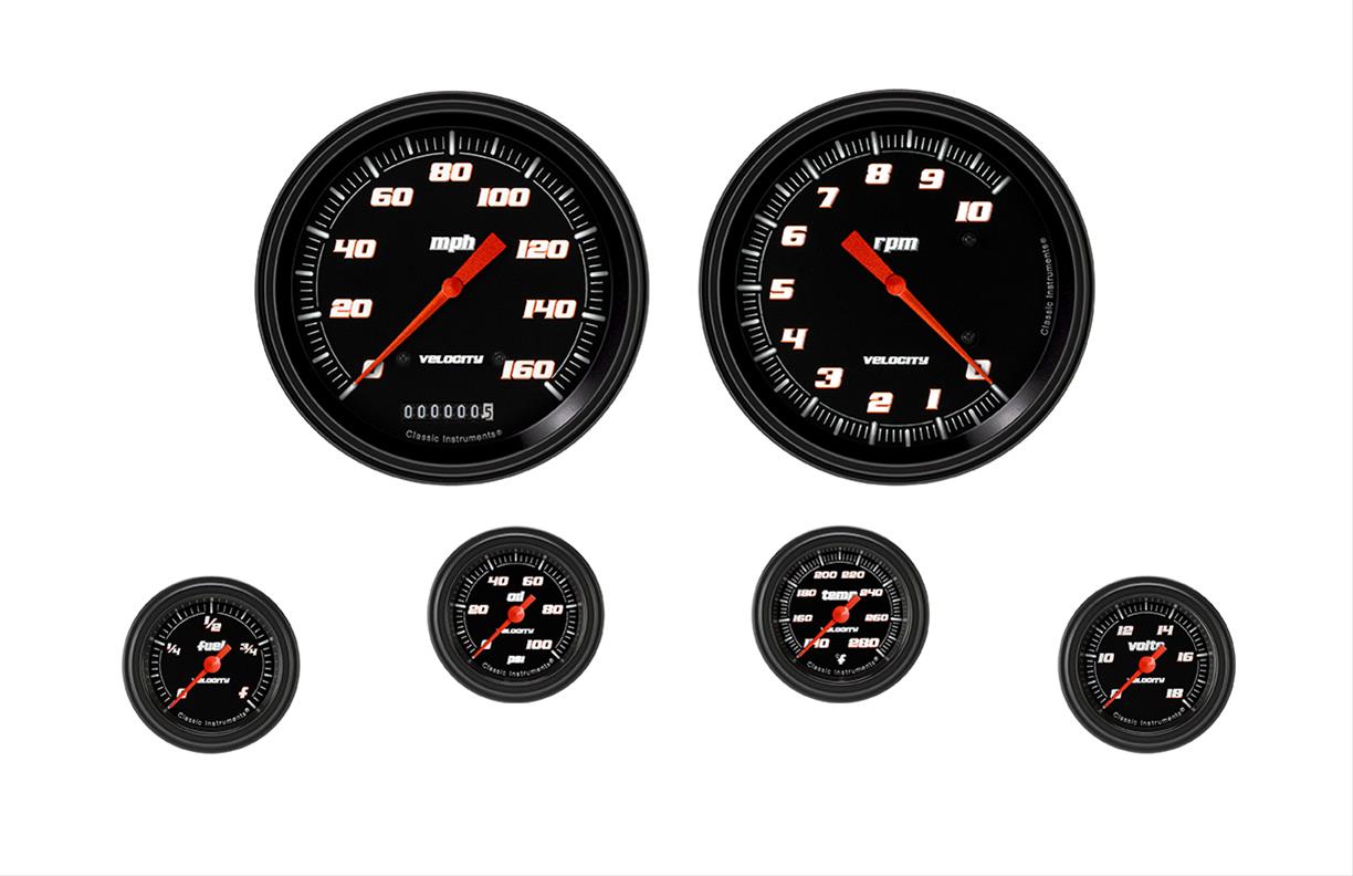Classic Instruments Velocity Series Gauge Sets VS151BBLF Gauges, Series, Speedometer, Tachometer, Water Temperature, Oil Pressure, Fuel Level, Volt, Black Face, Analog, Set of 6