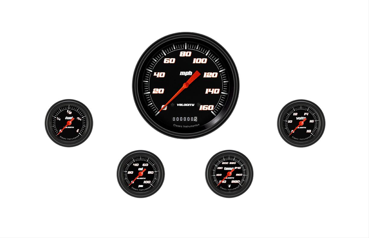 Classic Instruments Velocity Series Gauge Sets VS154BBLF Gauges, Series, Speedometer, Water Temperature, Oil Pressure, Fuel Level, Volt, Black Face, Analog, Set of 5