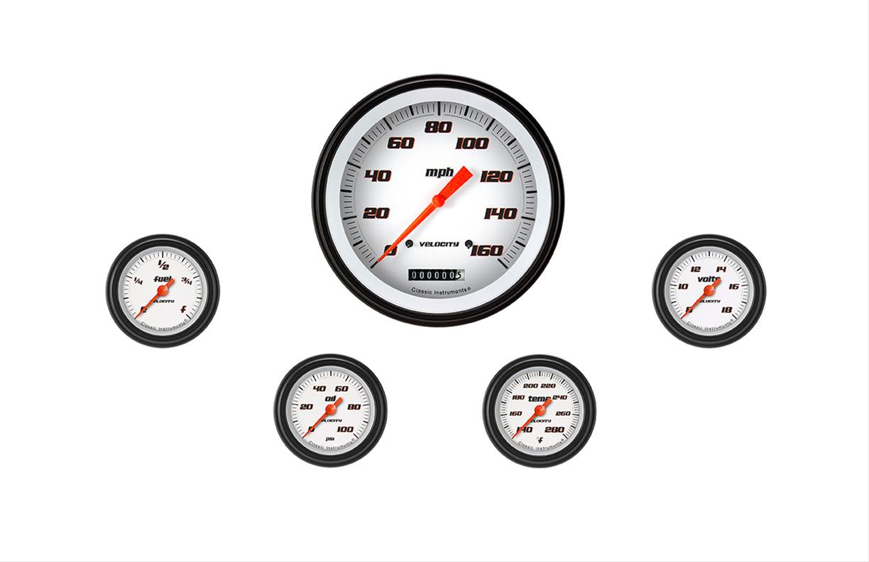 Classic Instruments Velocity Series Gauge Sets VS154WBLF Gauges, Series, Speedometer, Water Temperature, Oil Pressure, Fuel Level, Volt, White Face, Analog, Set of 5