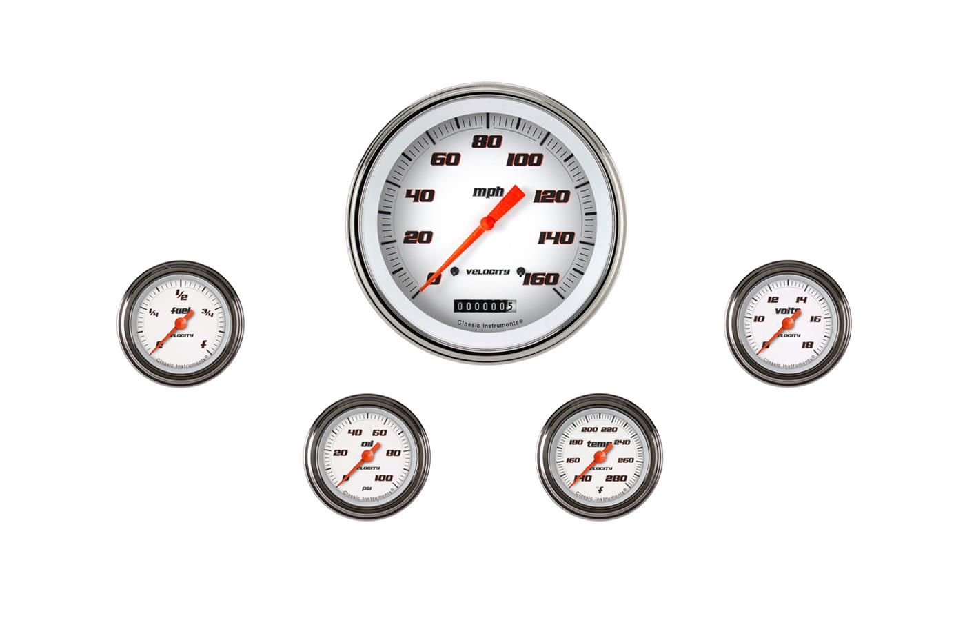 Classic Instruments Velocity White Series Gauge Sets VS154WSLF Set, 4 5/8 in. Speedometer, 2 1/8 in. Fuel, Oil, Temp, Volts, Set of 5