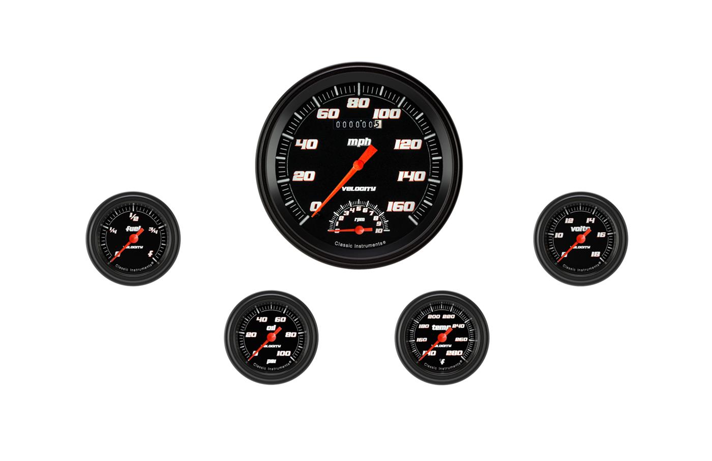 Classic Instruments Velocity Black Series Gauge Sets VS165BBLF Set, 4 5/8 in. Tachometer, Speedometer, 2 1/8 in. Fuel, Oil, Temp, Volts, Set of 5