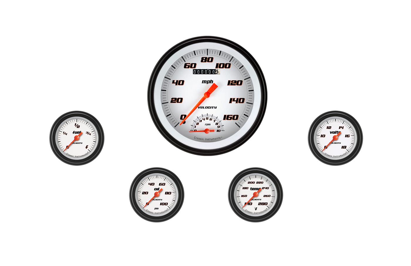 Classic Instruments Velocity White Series Gauge Sets VS165WBLF Set, 4 5/8 in. Tachometer, Speedometer, 2 1/8 in. Fuel, Oil, Temp, Volts, Set of 5