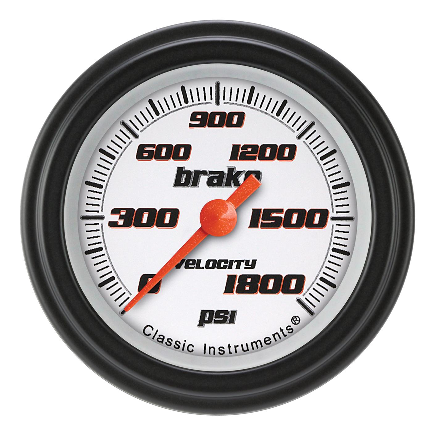 Classic Instruments Velocity Series Gauges VS167WBLF Gauges, Series, Brake Pressure, 0-1,800 psi, Analog, Electrical, 2 1/8 in., White Face, Black Numbers, Matte Black Bezel, Each