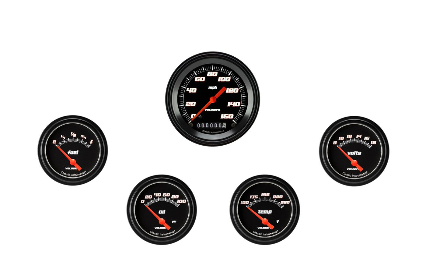 Classic Instruments Velocity Black Series Gauge Sets VS200BBLF Set, 3 3/8 in. Speedometer, 2 5/8 in. Fuel, Oil, Temp, Volts, Set of 5