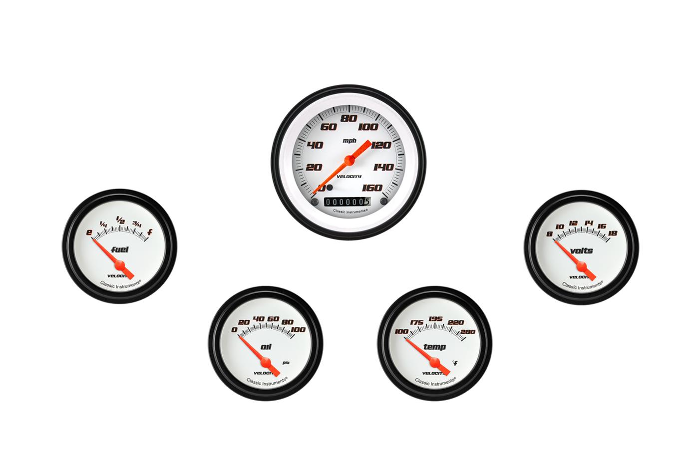 Classic Instruments Velocity White Series Gauge Sets VS200WBLF Set, 3 3/8 in. Speedometer, 2 5/8 in. Fuel, Oil, Temp, Volts, Set of 5