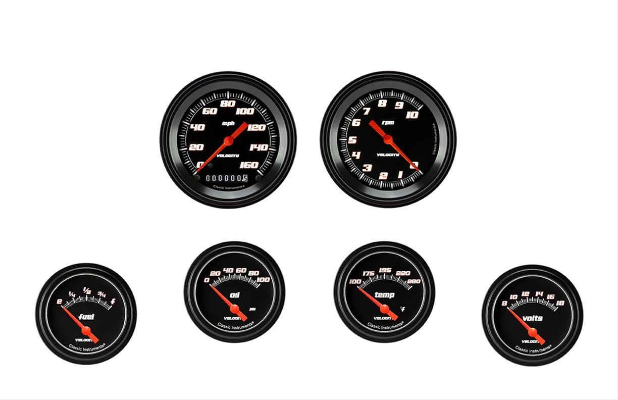 Classic Instruments Velocity Series Gauge Sets VS201BBLF Gauges, Series, Speedometer, Tachometer, Water Temperature, Oil Pressure, Fuel Level, Volt, Black Face, Analog, Set of 6