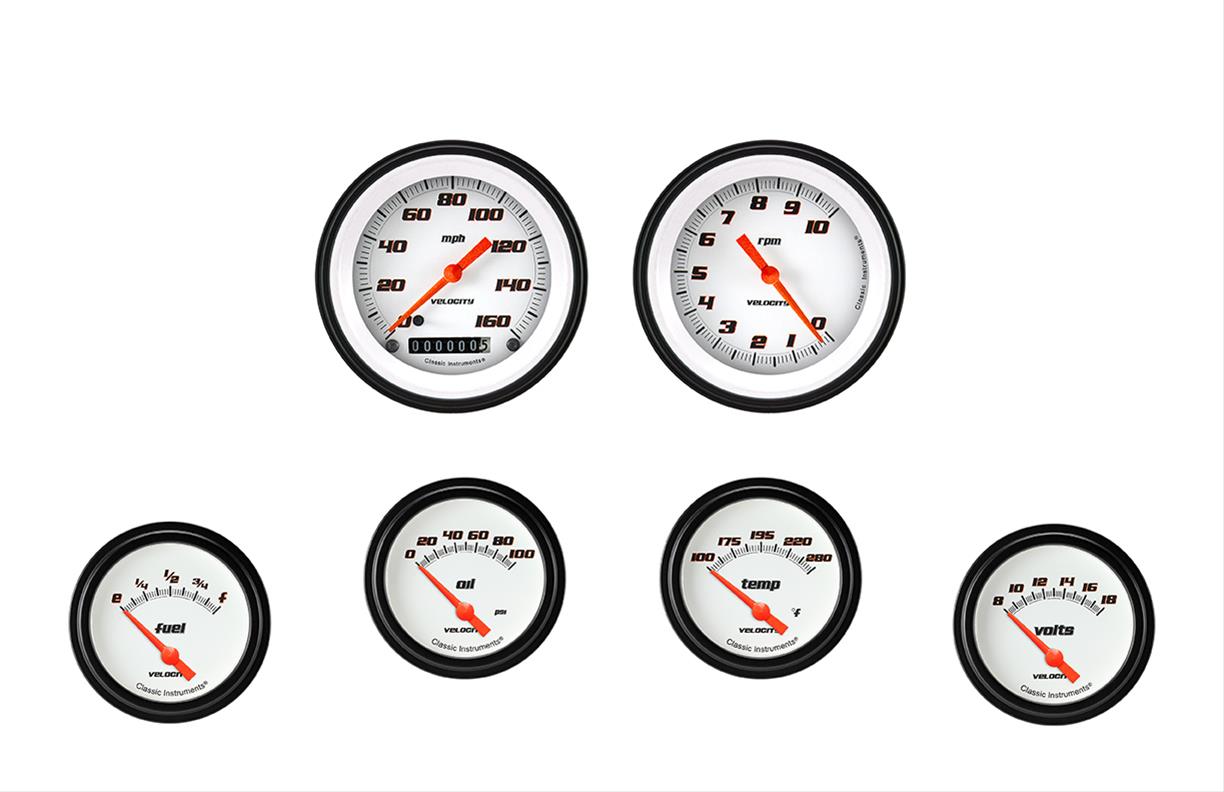 Classic Instruments Velocity Series Gauge Sets VS201WBLF Set, Analog, Performance White Series, 6-Gauge Set, 3 3/8 in. Speedo, 2 5/8 in. Secondary, White Face, Each