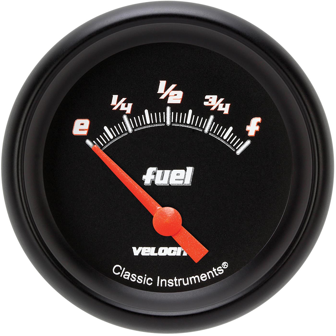 Classic Instruments Velocity Series Gauges VS214BBPF Gauges, Series, Fuel Level, Empty-Full, Analog, Electrical, 2 5/8 in., Black Face, White Numbers, 0 ohms Empty, 30 ohms Full, Each