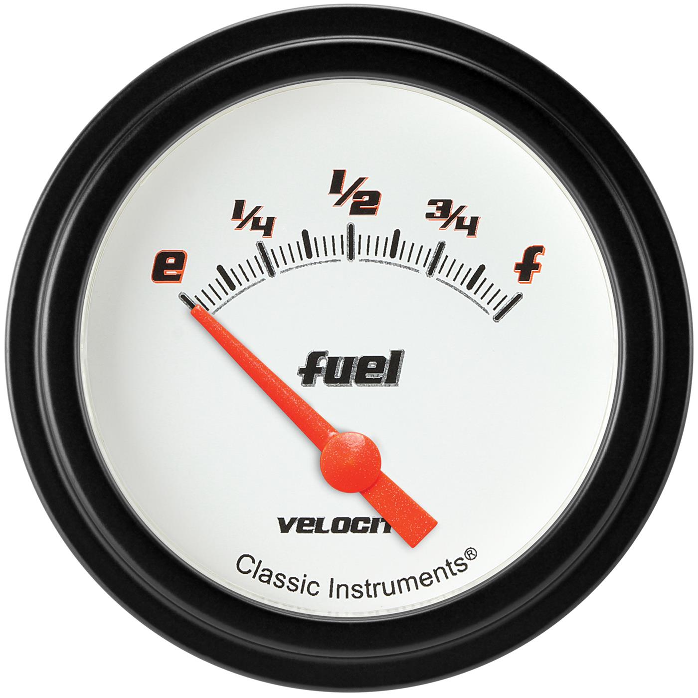 Classic Instruments Velocity Series Gauges VS214WBLF Gauges, Velocity, Fuel Level, Empty-Full, Analog, Electric, 2 5/8 in., White Face, Black with Orange Outline Numbers, 0 ohms Empty, 30 ohms Full, Each