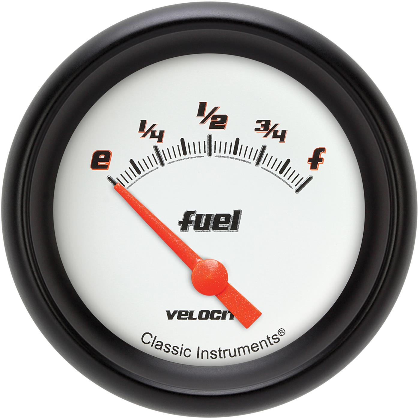 Classic Instruments Velocity Series Gauges VS214WBPF Gauges, Velocity, Fuel Level, Empty-Full, Analog, Electric, 2 5/8 in., White Face, Black with Orange Outline Numbers, 0 ohms Empty, 30 ohms Full, Each