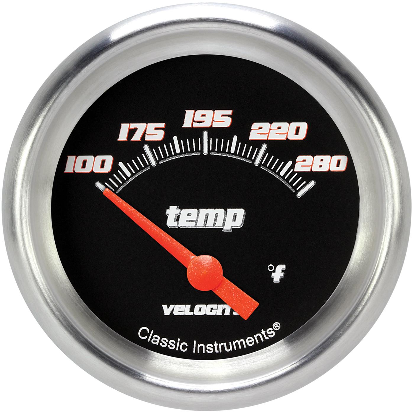Classic Instruments Velocity Series Gauges VS226BAPF-08 Gauges, Series, Water Temperature, 140-280 degrees F, Analog, Electrical, 2 5/8 in., Black Face, White Numbers, 1/2 in. NPT, Each