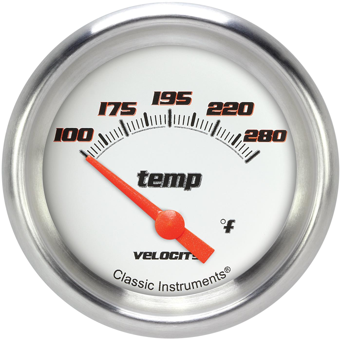 Classic Instruments Velocity Series Gauges VS226WAPF-08 Gauges, Series, Water Temperature, 140-280 degrees F, Analog, Electrical, 2 5/8 in., White Face, Black Numbers, 1/2 in. NPT Thread, Each