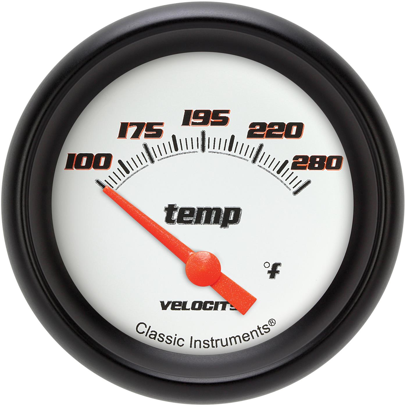 Classic Instruments Velocity Series Gauges VS226WBPF-08 Gauges, Series, Water Temperature, 140-280 degrees F, Analog, Electrical, 2 5/8 in., White Face, Black Numbers, 1/2 in. NPT Thread, Each