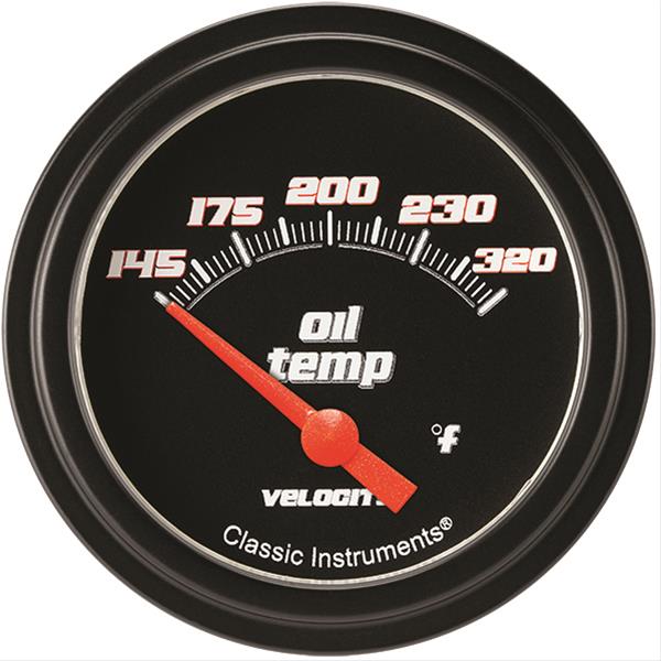 Classic Instruments Velocity Series Gauges VS228BBLF Gauge, Black Series, Oil Temperature, 145-320 Degrees F, 2 5/8 in., Low Step Bezel, Analog, Electrical, Each