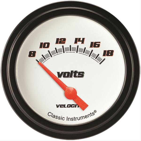 Classic Instruments Velocity Series Gauges VS230WBLF Gauge, White Series, Voltmeter, 8-18 V, 2 5/8 in., Low Step Bezel, Analog, Electrical, Each