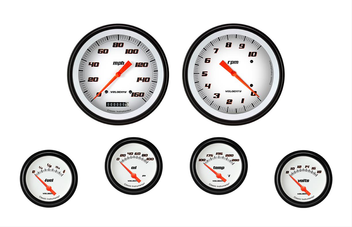 Classic Instruments Velocity Series Gauge Sets VS251WBLF Gauges, Series, Speedometer, Tachometer, Water Temperature, Oil Pressure, Fuel Level, Volt, White Face, Analog, Set of 6