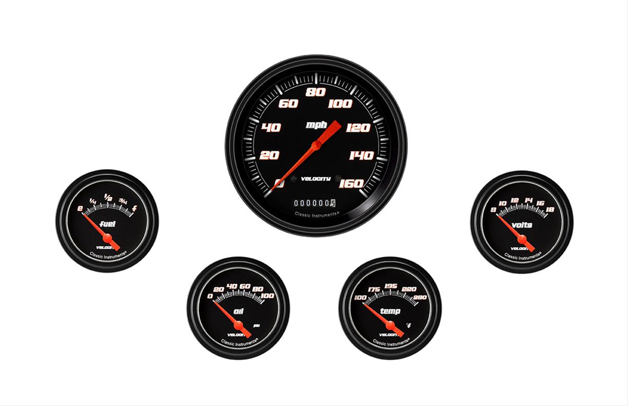Classic Instruments Velocity Series Gauge Sets VS254BBLF Gauges, Series, Speedometer, Water Temperature, Oil Pressure, Fuel Level, Volt, Black Face, Analog, Set of 5