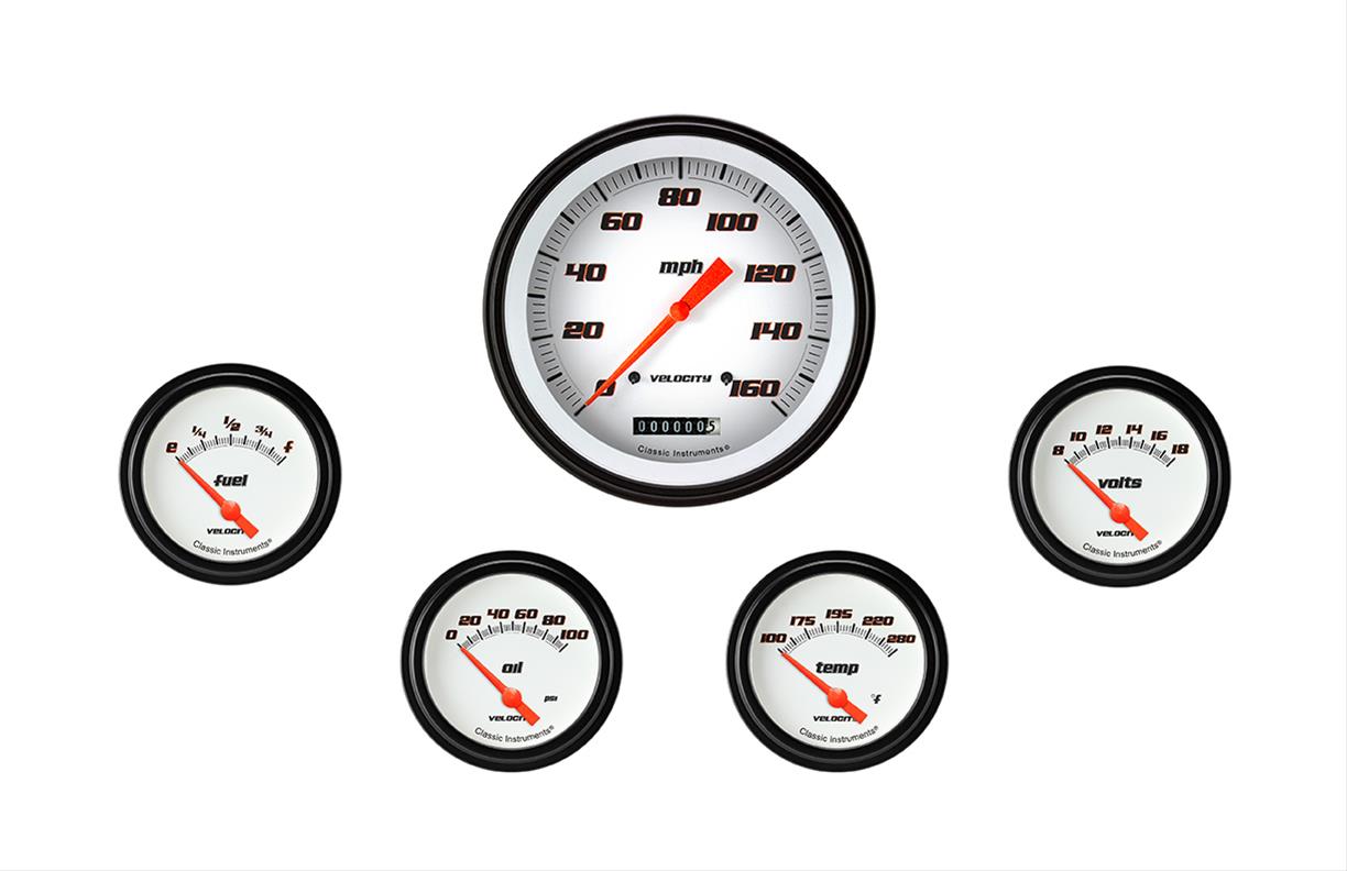 Classic Instruments Velocity Series Gauge Sets VS254WBLF Gauges, Series, Speedometer, Water Temperature, Oil Pressure, Fuel Level, Volt, White Face, Analog, Set of 5