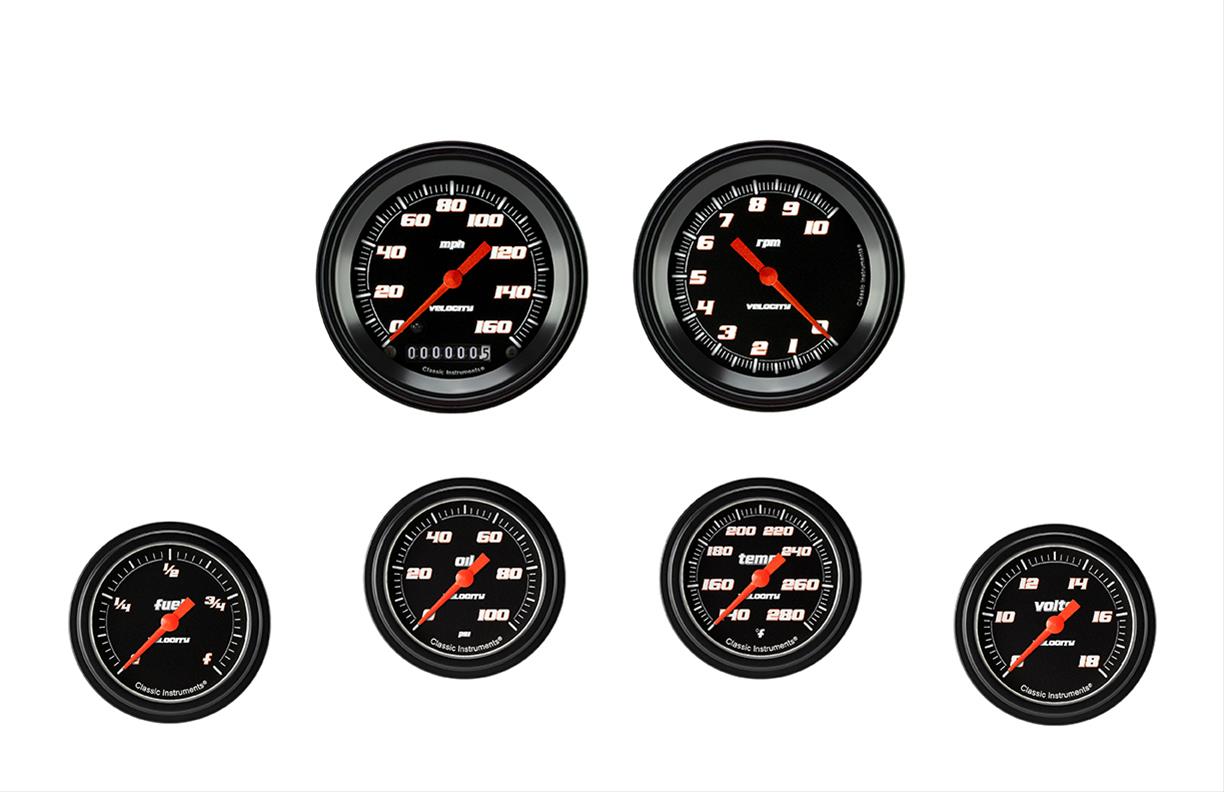 Classic Instruments Velocity Series Gauge Sets VS301BBLF Gauges, Series, Speedometer, Tachometer, Water Temperature, Oil Pressure, Fuel Level, Volt, Black Face, Analog, Set of 6