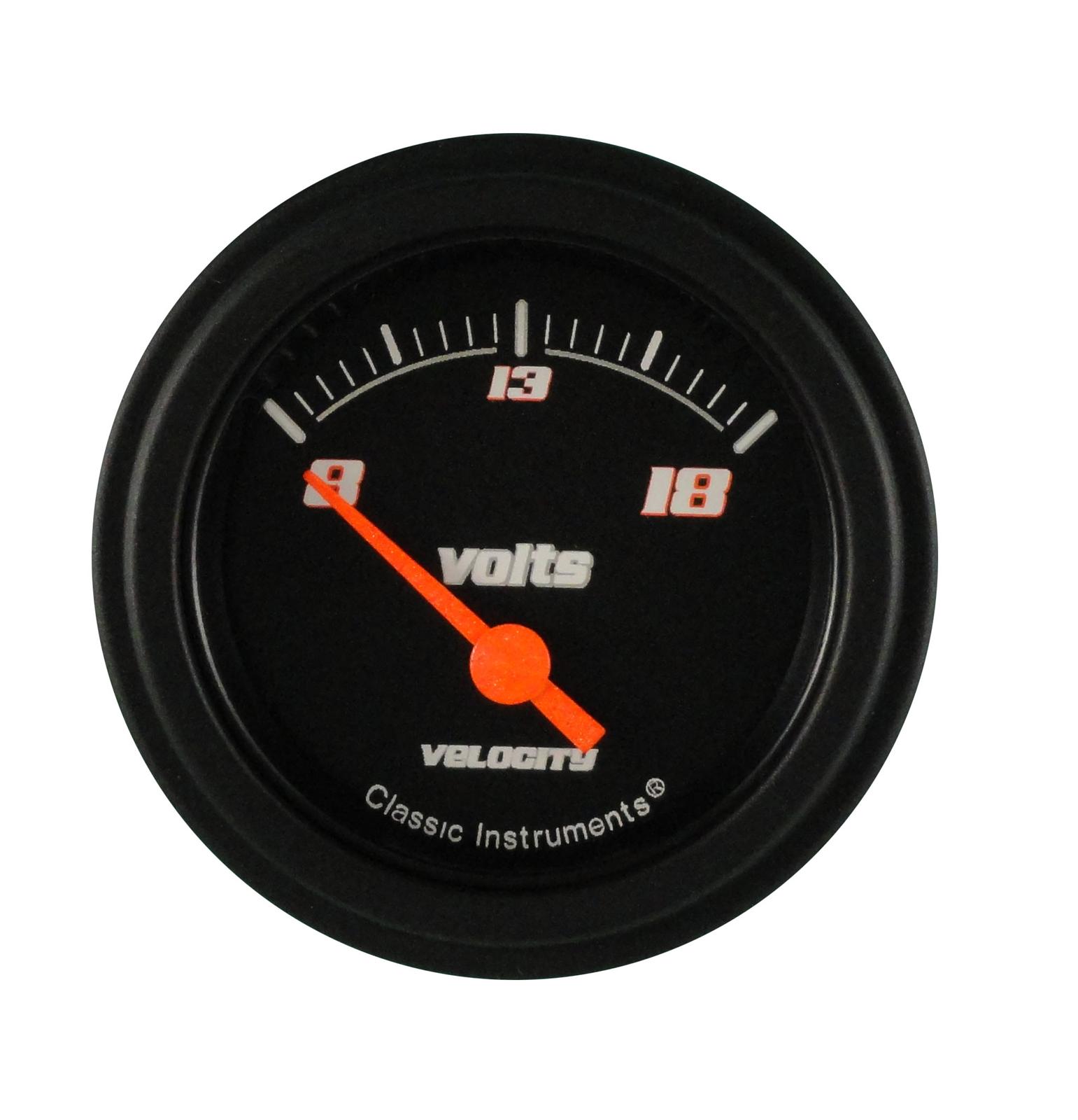 Classic Instruments Velocity Series Gauges VS30BBLF Gauge, Series, Analog, Voltmeter, 8-18 V, 2 1/8 in. Diameter, Black Face, Electrical, Each