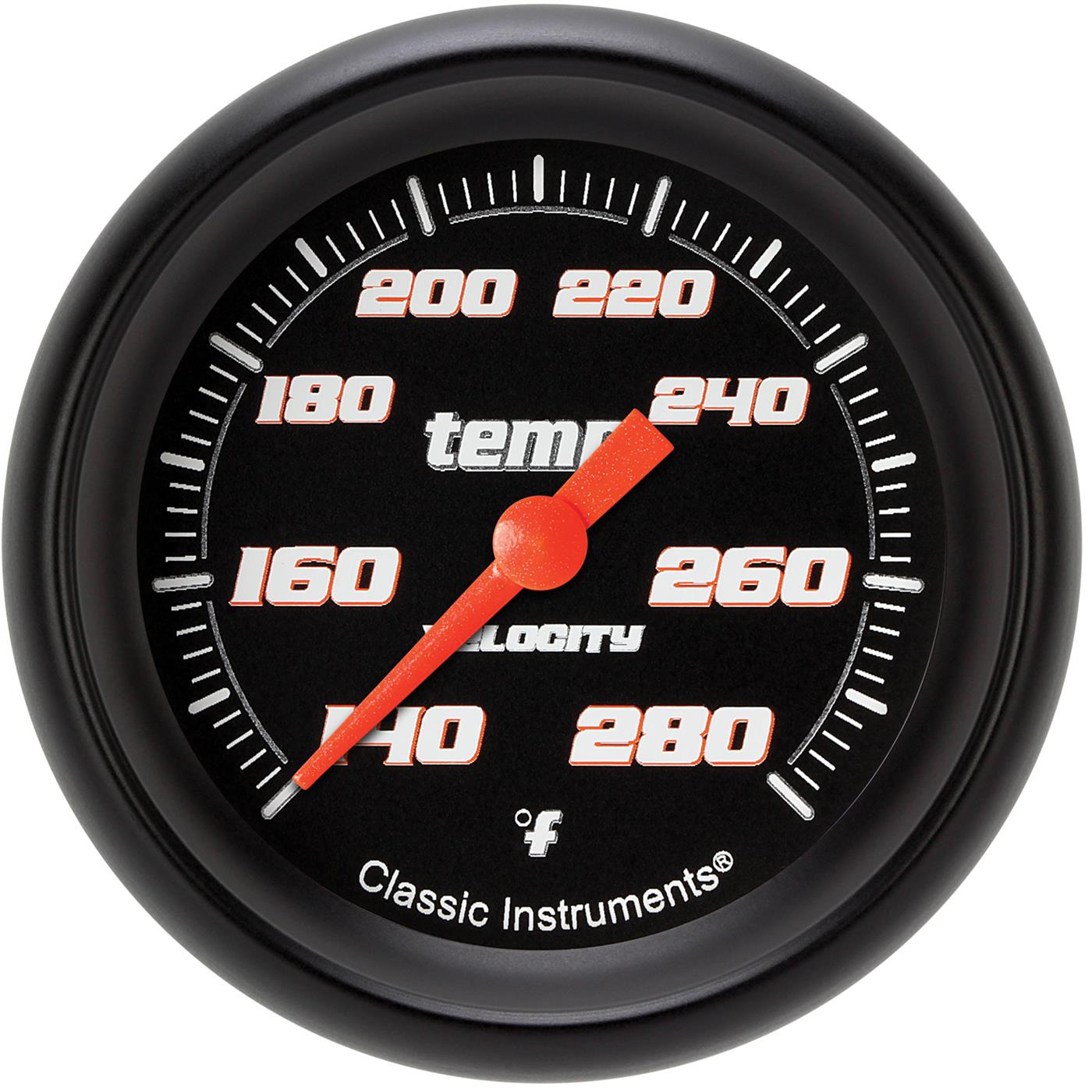 Classic Instruments Velocity Series Gauges VS326BBPF-04 Gauges, Series, Water Temperature, 140-280 degrees F, Analog, Electrical, 2 5/8 in., Black Face, White Numbers, 1/4 in. NPT Thread, Each