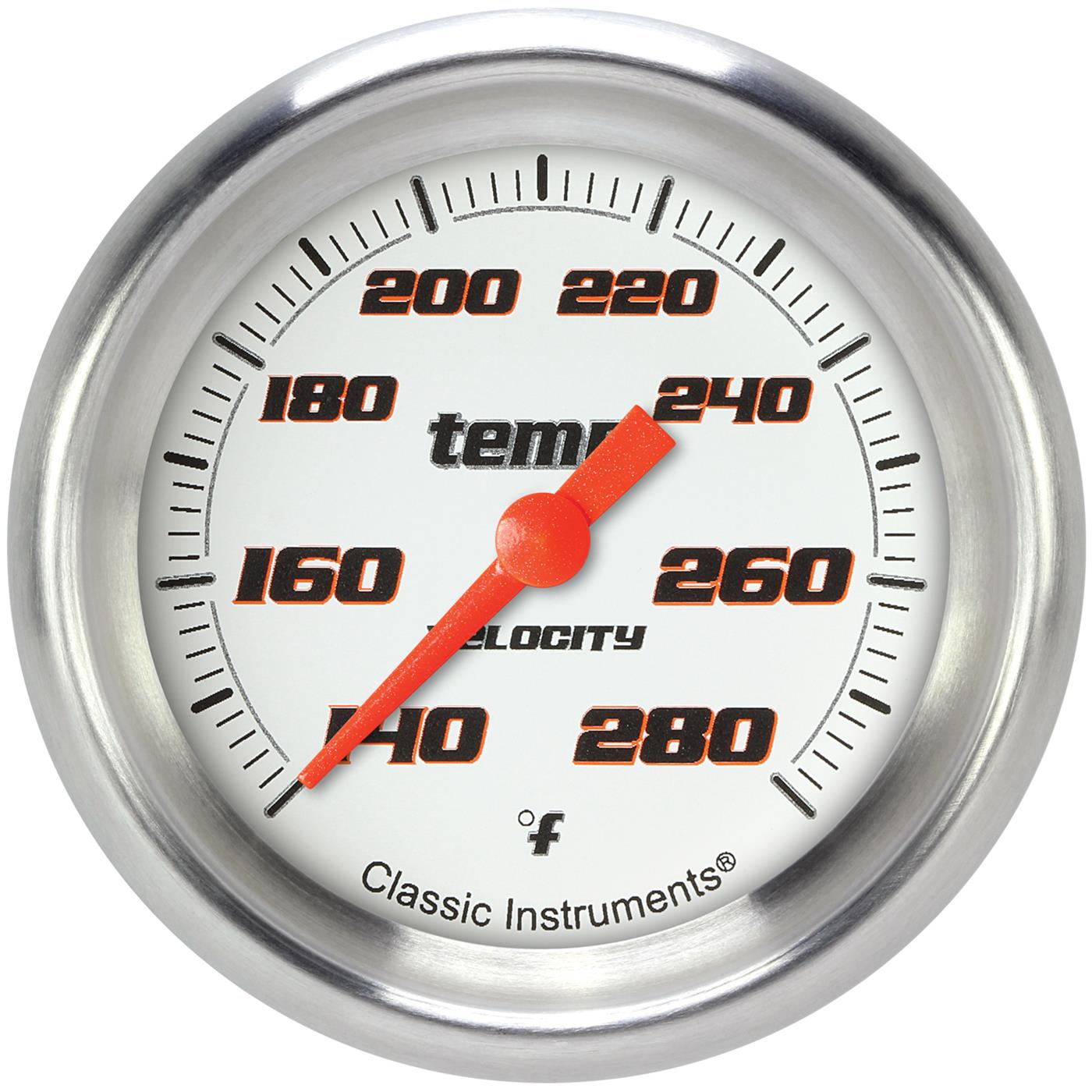 Classic Instruments Velocity Series Gauges VS326WAPF-12 Gauges, Series, Water Temperature, 140-280 degrees F, Analog, Electrical, 2 5/8 in., White Face, Black Numbers, M12 x 1.5 Thread, Each