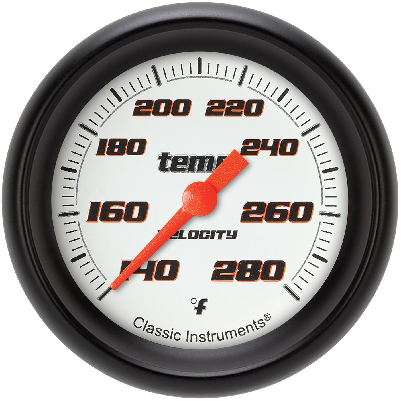Classic Instruments Velocity Series Gauges VS326WBPF-08 Gauges, Series, Water Temperature, 140-280 degrees F, Analog, Electrical, 2 5/8 in., White Face, Black Numbers, 1/2 in. NPT Thread, Each
