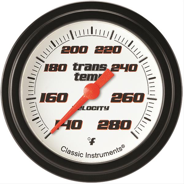 Classic Instruments Velocity Series Gauges VS327WBLF Gauges, Series, Transmission Temperature, 140-280 degrees F, Analog, Electric, 2 5/8 in., White Face, Black Numbers, 1/8 in. NPT Thread, Each