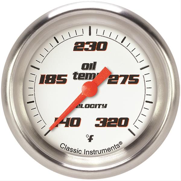 Classic Instruments Velocity Series Gauges VS328WAPF Gauge, White Series, Oil Temperature, 140-320 Degrees F, 2 5/8 in., Performance Bezel, Analog, Electrical, Each