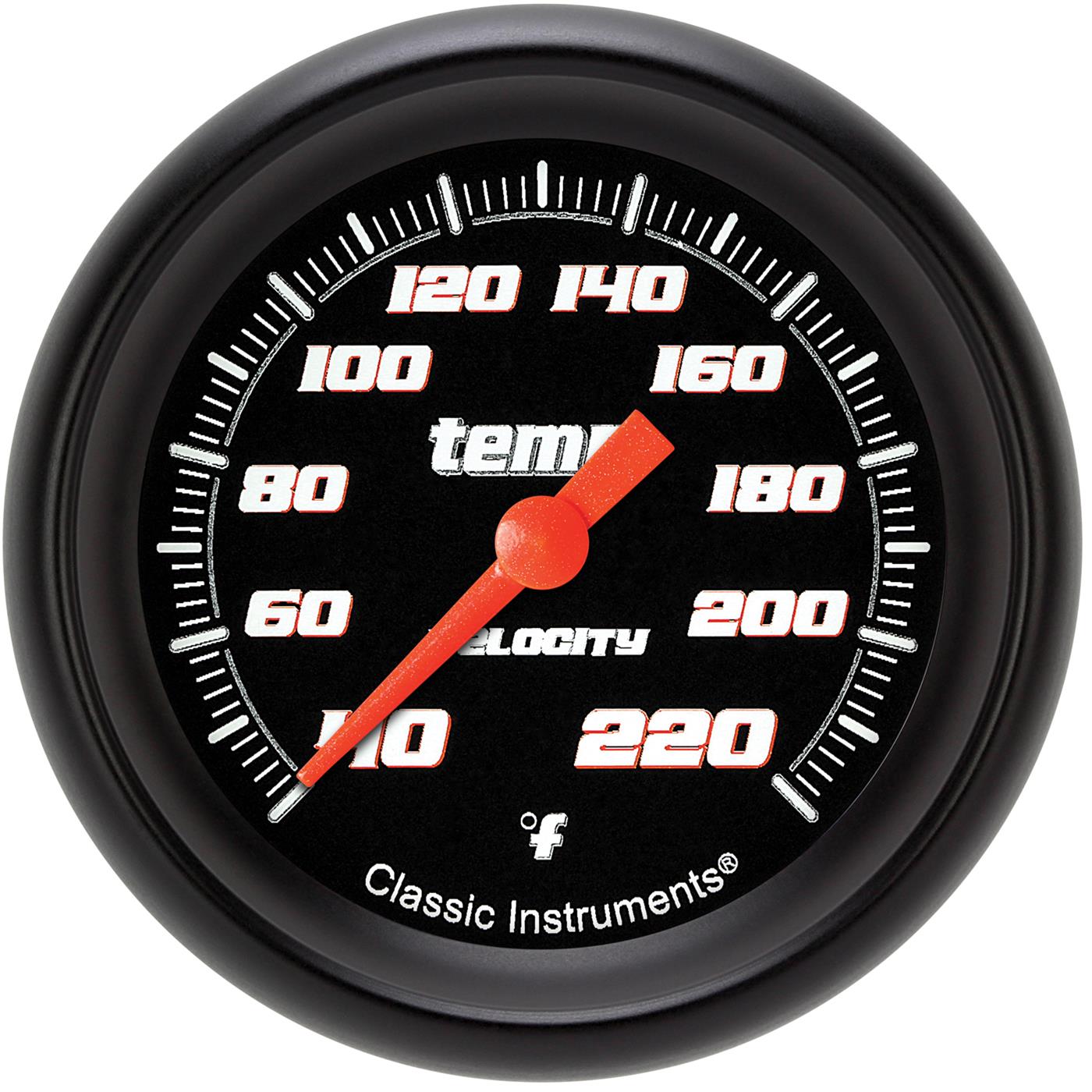 Classic Instruments Velocity Series Gauges VS329BBPF Gauges, Series, Water Temperature, 40-220 degrees F, Analog, Electrical, 2 5/8 in., Black Face, White Numbers, 1/8 in. NPT Thread, Each