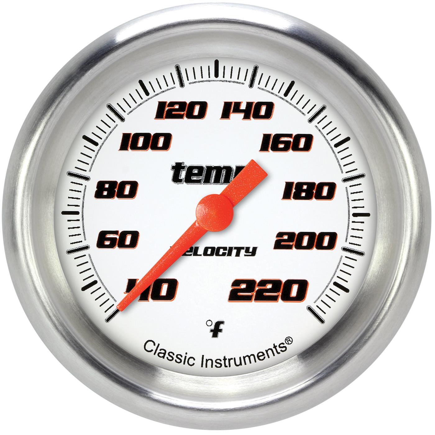 Classic Instruments Velocity Series Gauges VS329WAPF Gauges, Series, Water Temperature, 40-220 degrees F, Analog, Electrical, 2 5/8 in., White Face, Black Numbers, 1/8 in. NPT Thread, Each