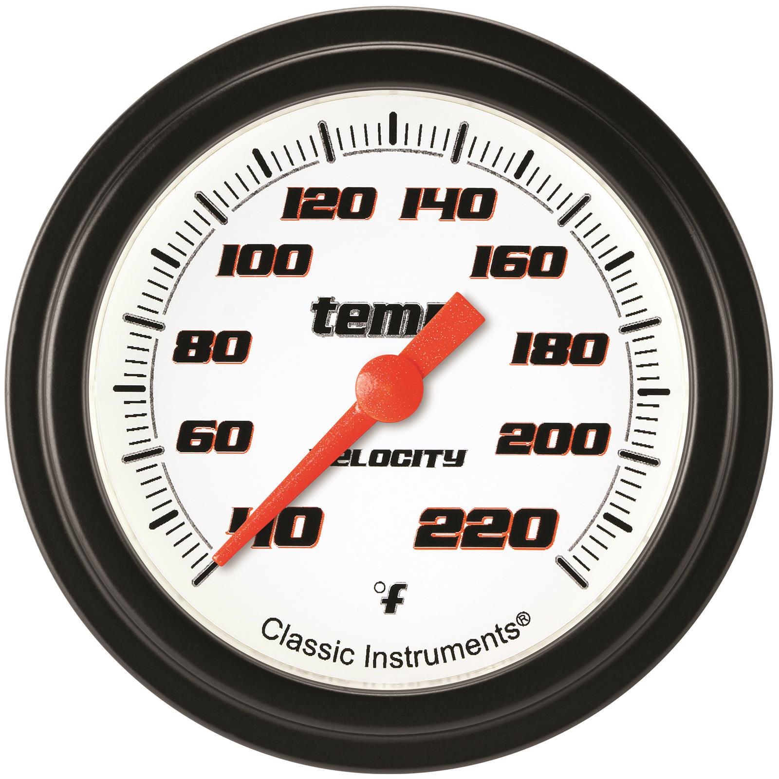 Classic Instruments Velocity Series Gauges VS329WBLF Gauge, Stock Eliminator, Water Temp, 2 5/8 in., White Face, Analog, Electrical, Each