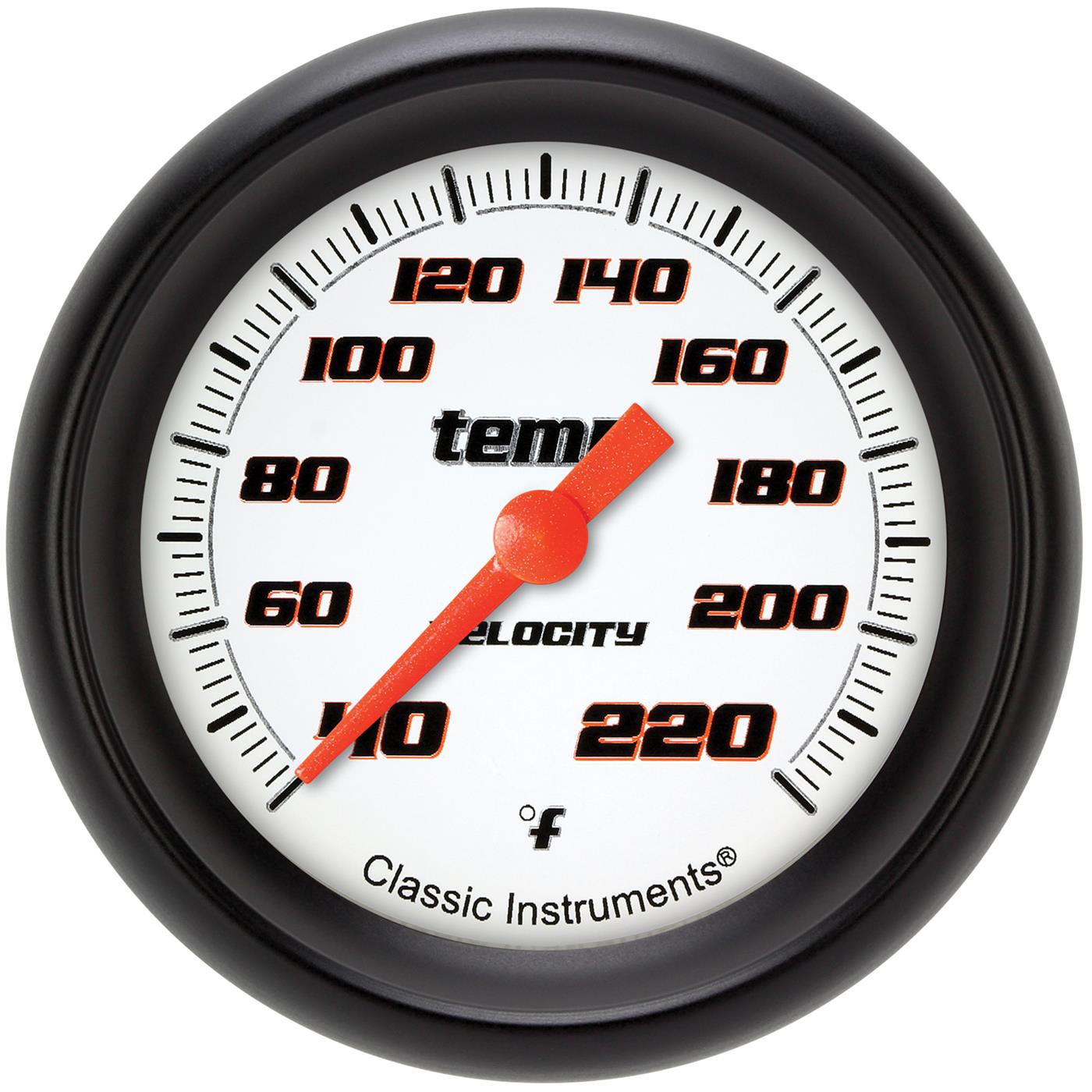 Classic Instruments Velocity Series Gauges VS329WBPF Gauges, Series, Water Temperature, 40-220 degrees F, Analog, Electrical, 2 5/8 in., White Face, Black Numbers, 1/8 in. NPT Thread, Each