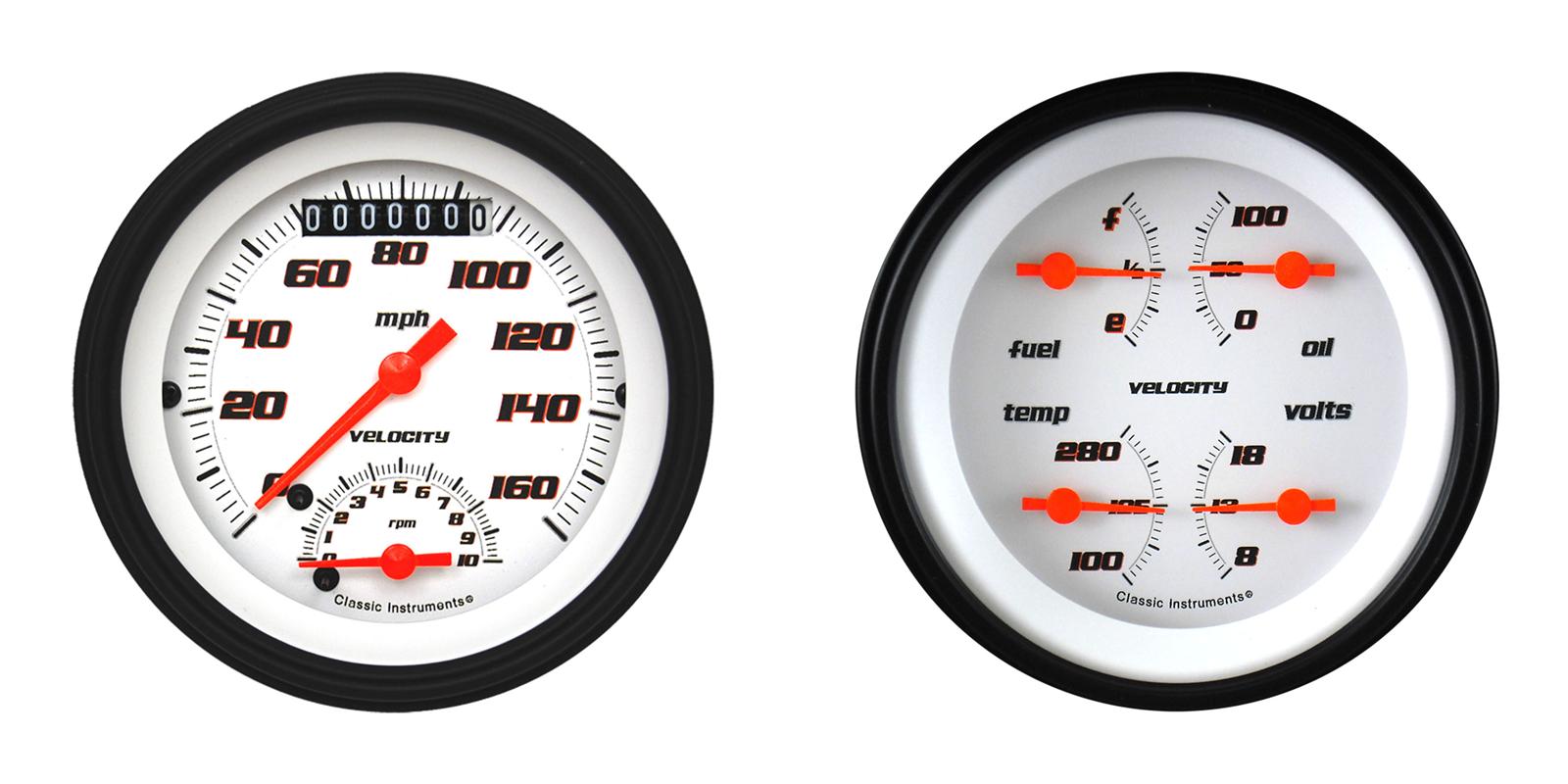 Classic Instruments Velocity Series Gauge Sets VS32WBLF Gauges, Series, Speedometer, Tach, Water Temperature, Fuel Level, 5 in., White Face, Analog, Set