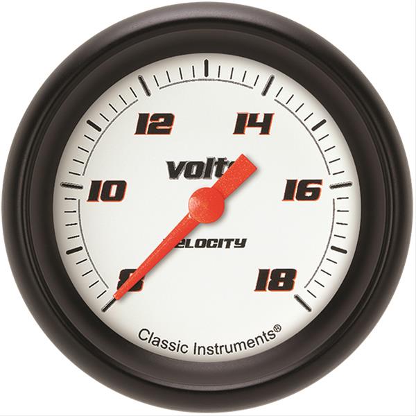 Classic Instruments Velocity Series Gauges VS330WBPF Gauges, Series, Voltmeter, 8-18 V, Analog, Electrical, 2 5/8 in., White Face, Black Numbers, Black Bezel, Each