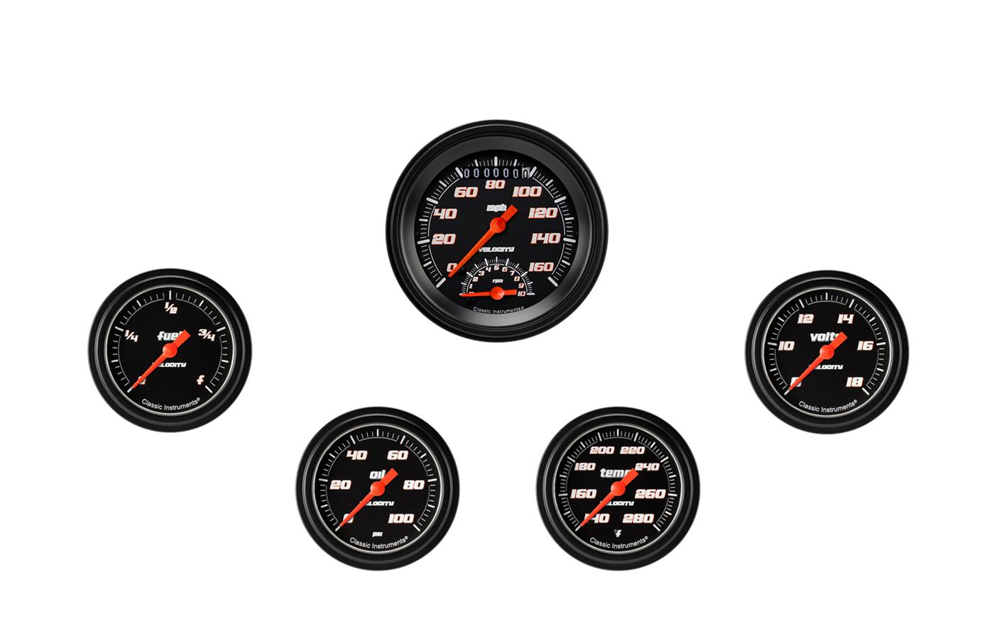 Classic Instruments Velocity Black Series Gauge Sets VS335BBLF Set, 3 3/8 in. Tachometer, Speedometer, 2 5/8 in. Fuel, Oil, Temp, Volts, Set of 5