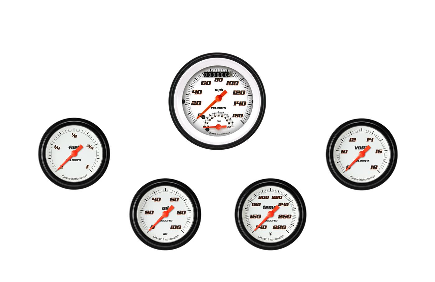 Classic Instruments Velocity White Series Gauge Sets VS335WBLF Set, 3 3/8 in. Tachometer, Speedometer, 2 5/8 in. Fuel, Oil, Temp, Volts, Set of 5