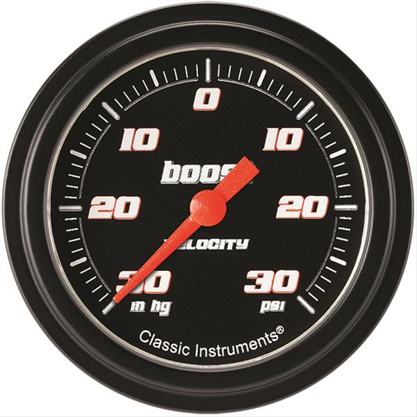 Classic Instruments Velocity Series Gauges VS341BBLF Gauge, Black Series, Boost/Vacuum, 30 in. Hg/30 psi, 2 5/8 in., Low Step Bezel, Analog, Electrical, Each